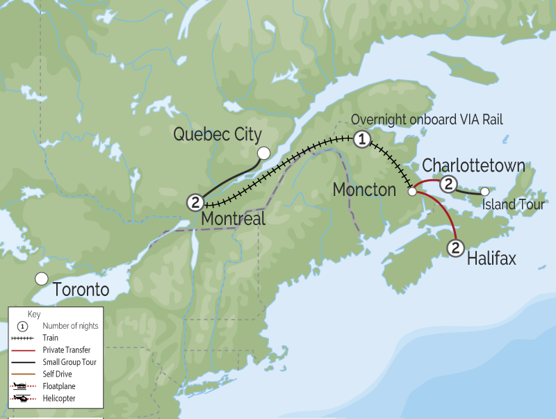 Atlantic Maritimes Explorer by Rail | Halifax to Montreal map