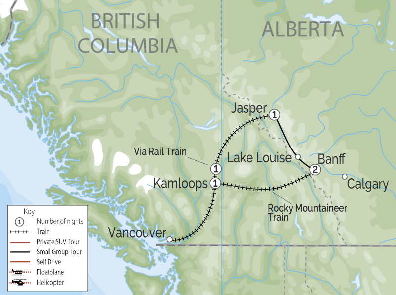 Canadian Rockies Train Combo Circle Tour VIA Rail Rocky Mountaineer map