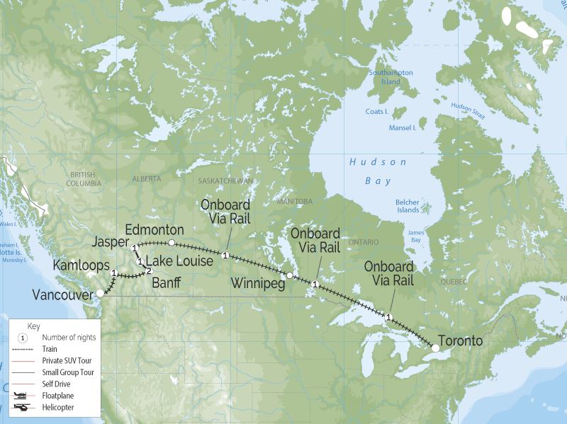 Canadian Trails Rail Across Canada Toronto to Vancouver map