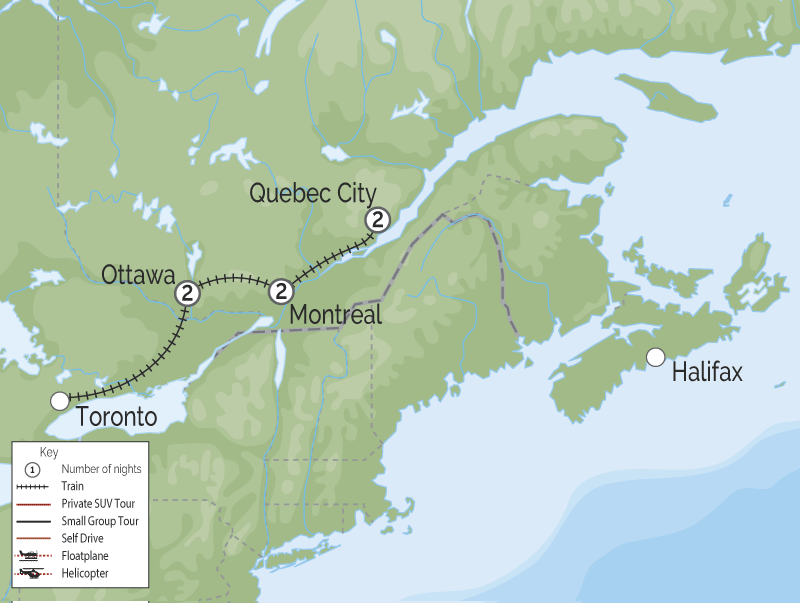 Eastern Canada Train Tour of the Capital Cities Ottawa Montreal Quebec map