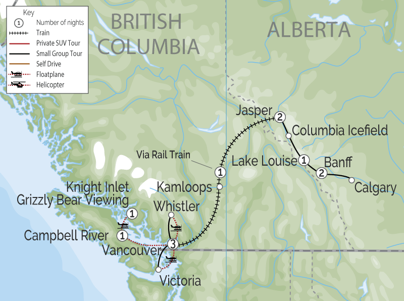 Grizzly Bears & the Canadian Rockies Train Vacation map