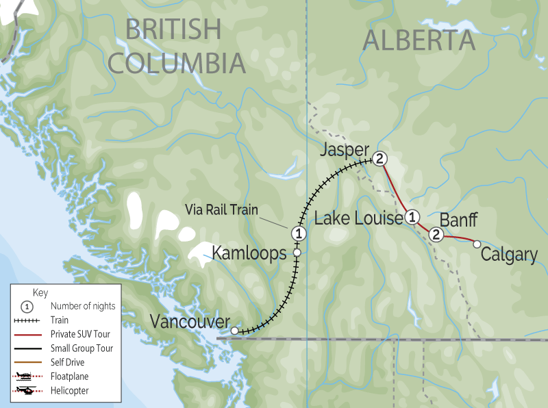 Luxury Winter Train Trip to the Canadian Rockies map
